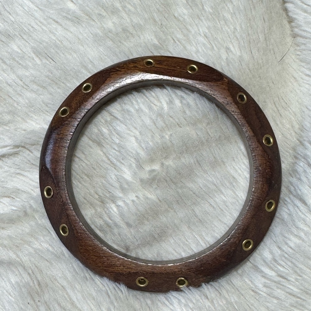 Vintage Wooden Bangle with Brass Gold Accents Craft Handmade Primatives Art